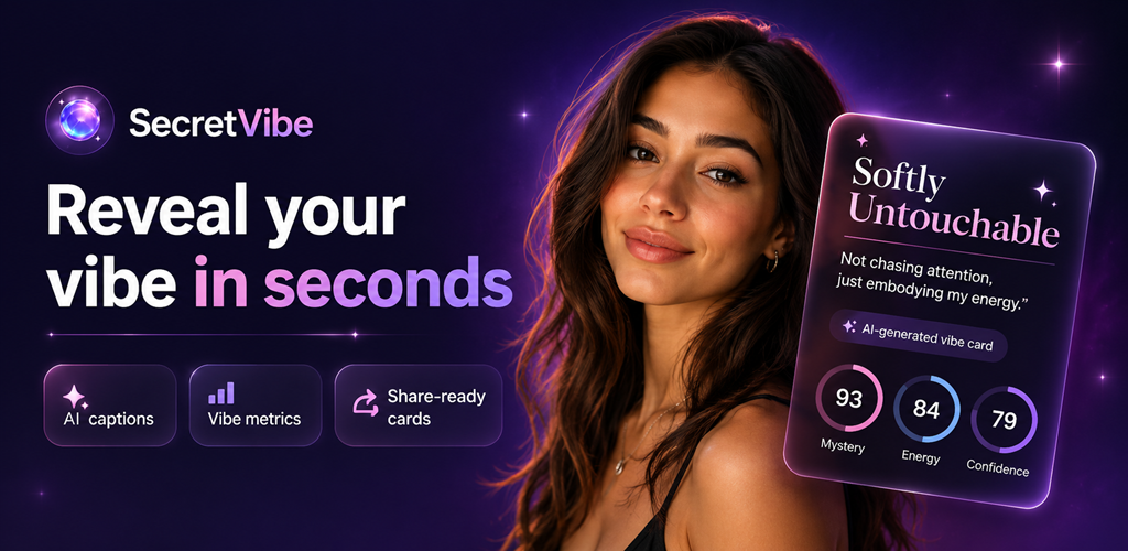 SecretVibe app feature graphic with crystal ball artwork and AI vibe cards from your photos tagline